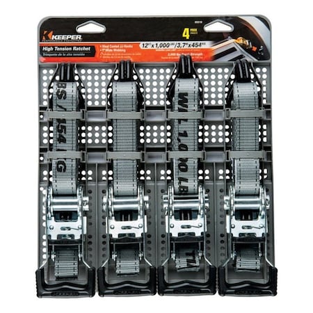 Keeper Tie-Down Strap, 1 in W, 12 ft L, 1000 lb Working Load, J-Hook End, 4PK 05510