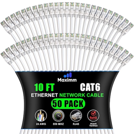 Maximm Cat6 Ethernet Cable 10Gbps 550MHz UTP, 50PK, White, 50PK WH50PK11