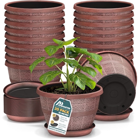 Lifemaster 10-Inch Rustic Whiskey Barrel Planters, Plastic Pots with Drainage and Saucers, 20PK LMPBP20COP20