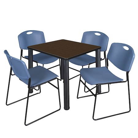 Regency Square Kee Breakroom Table W/ 4 Zeng Stack Chairs, 30 in W, 30 in L, Neo Walnut TB3030NWBPBK44BE