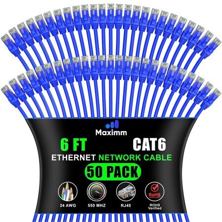 Maximm Cat6 Ethernet Cable 10Gbps 550MHz UTP, 50PK, Blue, 50PK BL50PK08