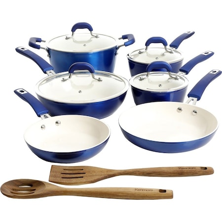 Gibson 124985.12 Kenmore Arlington Ceramic Coated Nonstick Aluminum Cookware Set; Metallic Blue - 12 Piece 124985.12
