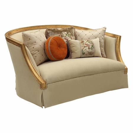 Homeroots 70in Tan And Gold Curved Loveseat and Toss Pillows 348221