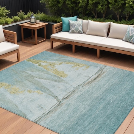 Homeroots 9' X 12' Teal Blue And Gold Nautical Washable Indoor Outdoor Area Rug 631045