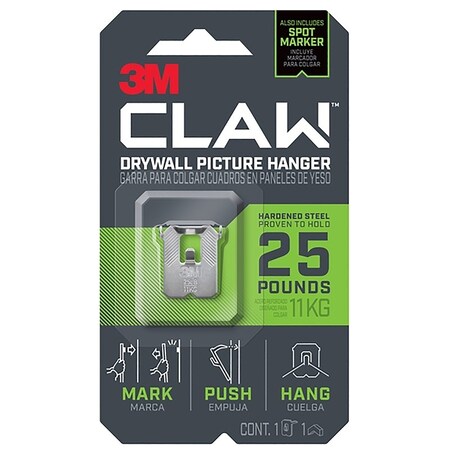 Claw 3M Drywall Picture Hanger, 25 lb, Steel, Push-In Mounting 3PH25M-1ES