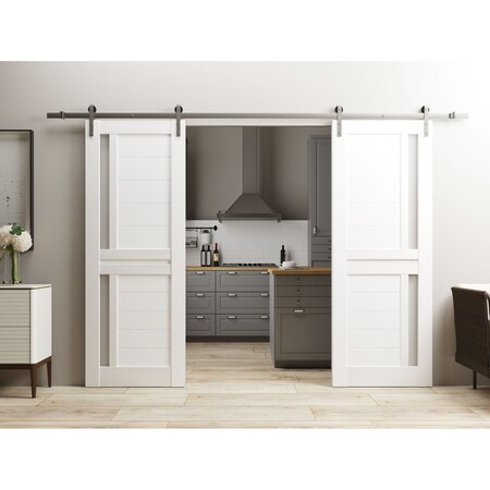 Sartodoors Sturdy Dbl Barn Door 36 x 84in W/, White Silk W/ Frosted Glass, SS 13FT Rail Hangers Heavy Set VEREGIO7288DB-S-WS-3684