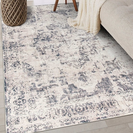 World Rug Gallery Transitional Distressed Medallion Washable Non Slip Area Rug 3 ft x 5 ft Gray WR79GRAY3X5