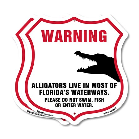 Signmission Alligator Warning Shield Sign Warning Al, 12 inch X 12 inch, Aluminum Metal Sign, 2PK SHI-A-2PACK-12-359