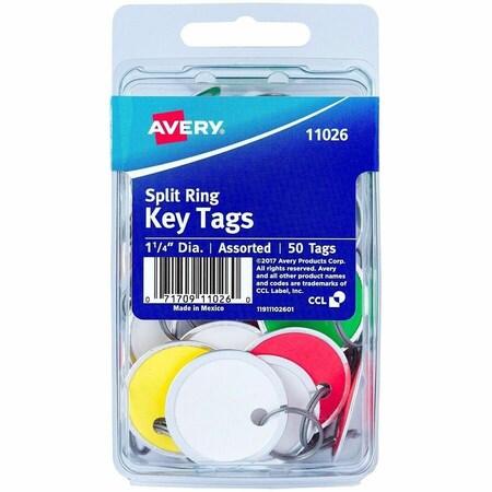 Avery Metal Rim Key Tags, Metal, 1.3" Dia., Assorted, Round, 50 PK AVE11026