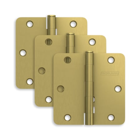 Schlage Residential Pack of 3 3-1/2in x 3-1/2in 1/4in Radius Corner Hinges Satin Brass Finish, 3PK S3P1012FRP608