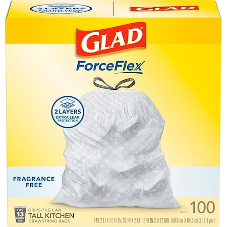 Glad ForceFlex Series Fragrance-Free Trash Bag, 13 gal, Plastic, 100PK 22540
