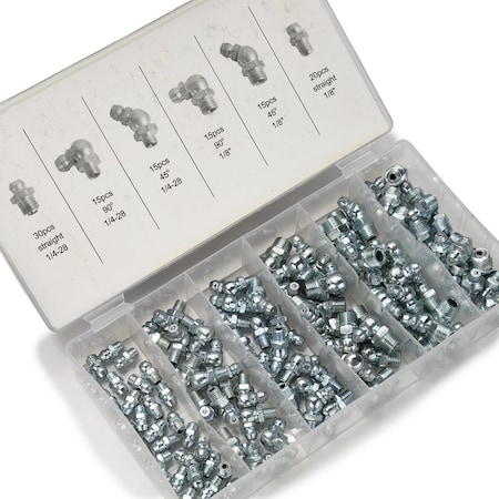 Neiko Grease Fitting Assortment, 110 Piece, SAE, A3 Steel for Angled Grease Guns, Bearing Housings 50463A