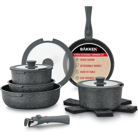 Bakken-Swiss Bakken 15-Piece Non-Stick Cookware Set with Detachable Handles, Stackable, Oven and Dishwasher Safe BKCWSTK15DKG