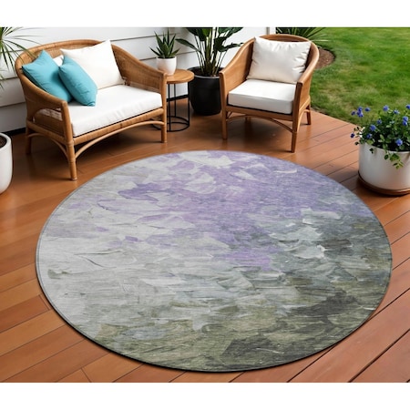Homeroots 8' Lavender Olive Green And Silver Round Abstract Washable Indoor Outdoor Area Rug 617361