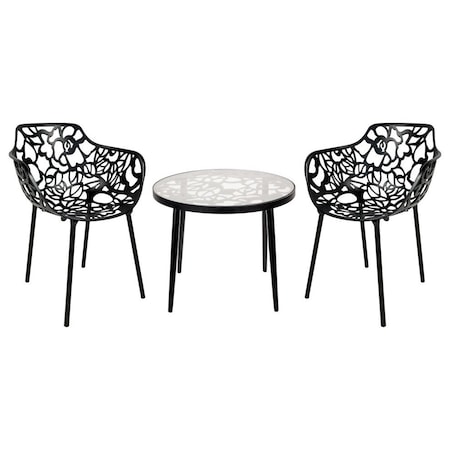 Leisuremod Devon 3-Piece Aluminum Patio Dining Set, Tempered Glass Top Table, 2 Stackable Arm Chairs, Black DT20CABL2