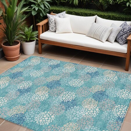 Homeroots 10' X 14' Teal Blue Gray And Ivory Polka Dot Washable Indoor Outdoor Area Rug 594291