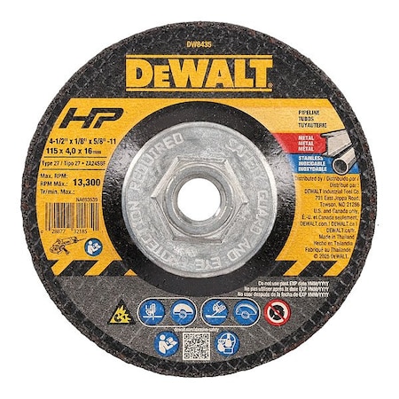 Dewalt Cut-Off & Grinding Wheel, Type 27, 4 1/2 in Dia, 0.125 in Thick, 5/8"-11 Arbor Hole Size, 24 Grit DW8435
