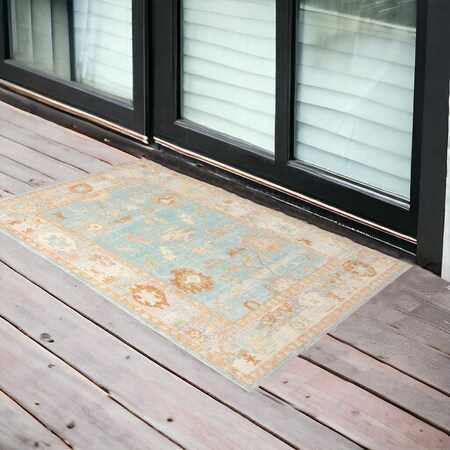 Homeroots 2' X 3' Blue and Orange Floral Stain Resistant Indoor Outdoor Area Rug 531496