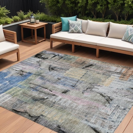 8' X 10' Blue Black And Copper Abstract Washable Indoor Outdoor Area Rug