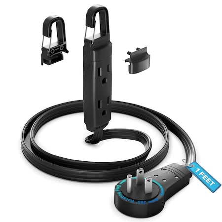 Maximm 1ft 16AWG 360 degrees Flat Plug Extension Cord w/ Removable Hook, UL, Black ADW-360-C101-BH