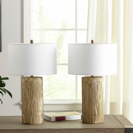 Homeroots Set of Two 30" Gold USB Table Lamps With White Drum Shades 571292