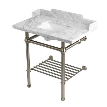 Kingston Brass 36-Inch Carrara Marble Console Sink with Brass Legs and Shelf, 8-Inch, 3-Hole LMS36MBSQB8