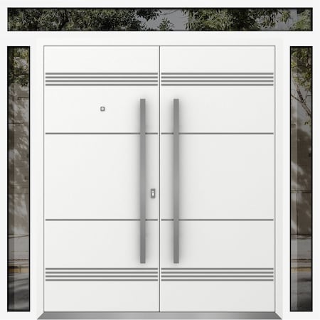 Vdomdoors Metal Double Doors Deux 1705 White Enamel 2 Sidelights and Top Transom Entry Modern Painted 96x96 ( DEUX1705DEXD-BEM-W12+72+12xH80+16-LH-O