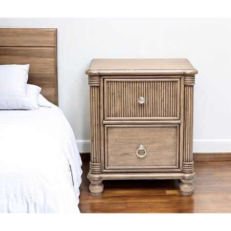 Homeroots 28" Natural Solid Wood and Wicker Ribbed Texture Two Drawer Nightstand With USB Port 571345