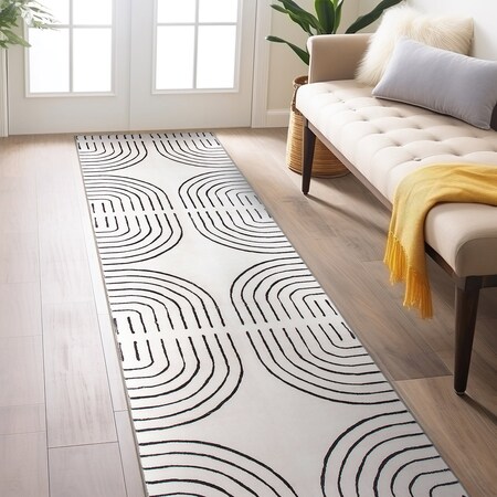 World Rug Gallery Bohemian Lines Washable Non Slips Runner Rug 2 ft x 8 ft Ivory WR72IVORY2X8