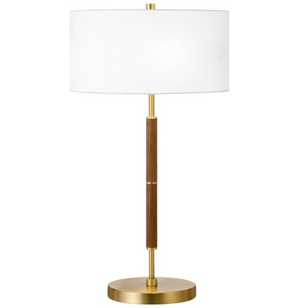 Homeroots 25" Gold and Oak Metal Two Light Table Lamp With White Drum Shade 523605