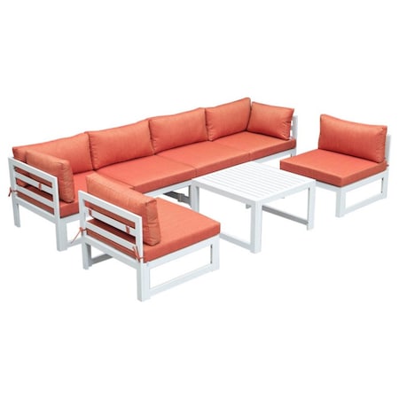 Leisuremod Chelsea 7-Piece Patio Sectional And Coffee Table Set White Aluminum With Orange Cushions CSTW-7OR