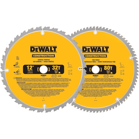 Dewalt 12" Construction Miter Saw Blades, PK2 DW3128P5