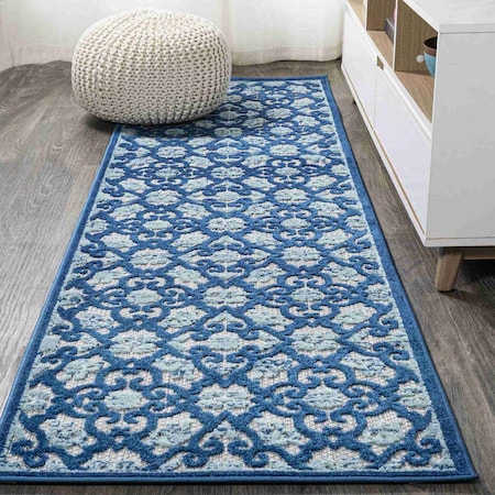 Jonathan Y Gallia Tile Trellis High-Low Light Gray/Blue 2 ft. x 8 ft. Indoor/Outdoor Runner Rug AMC107B-28