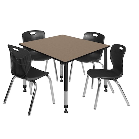 Regency Square Kee Adjustable Classroom Table W/ 4 Andy Stack Chairs, 48 in W, 48 in L, Noble Oak TB4848NOAPBK40BK