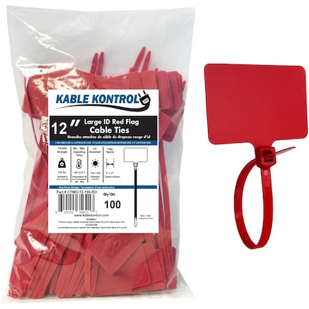 Kable Kontrol Write On Zip Tie Tags, 2in x 3in Flag Top, 12in L, 120 Lbs Strength, 100 Pcs, Red, 100PK CTWO-12-100-RD
