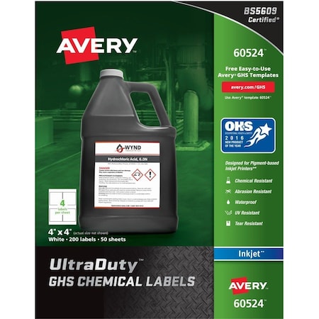 Avery Dennison Avery GHS Chemical Waterproof & UV Resistent Labels, Inkjet, 4in x 4in, 200/Pack 60524