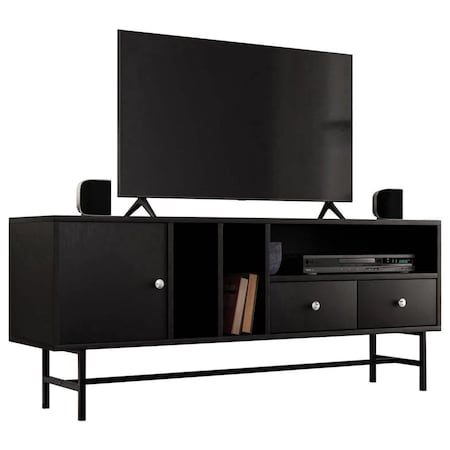 Leisuremod Rochester Rectangular TV Stand with Enclosed Storage and Powder Coated Iron Legs, Ebony RTS60BL