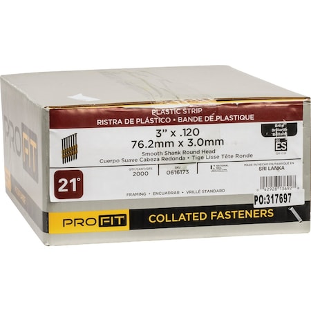 Pro-Fit 3'' x 0.120'' 21 Degree Plastic Strip Round Head Brite Framing Stick Nails, 2000 Ct. 616173