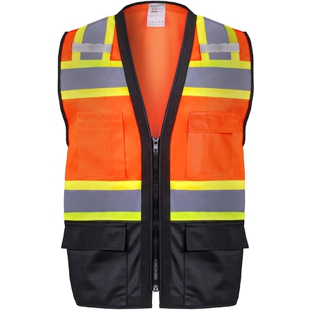 Protectx Class 2 High Visibility Safety Vest, 6 Pockets, Zipper Front, Mesh Back, Lime Orange/Black SV-120SM4-ORBK-L