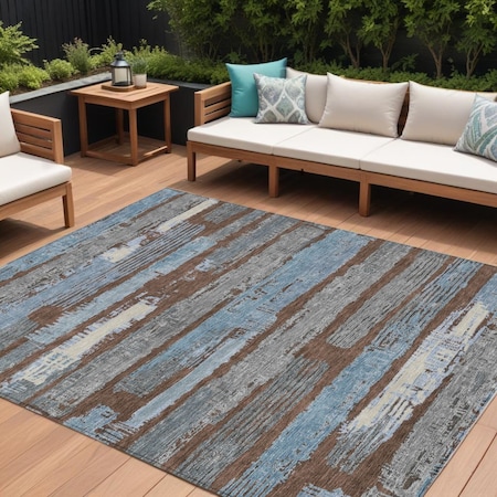 Homeroots 8' X 10' Chocolate Blue And Beige Striped Washable Indoor Outdoor Area Rug 616649