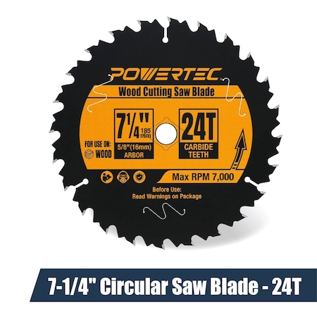 Powertec 7-1/4 Inch Circular Saw Blade, 24T, 5/8" Arbor, Thin Kerf Carbide Tipped Wood Cutting Blade 14015