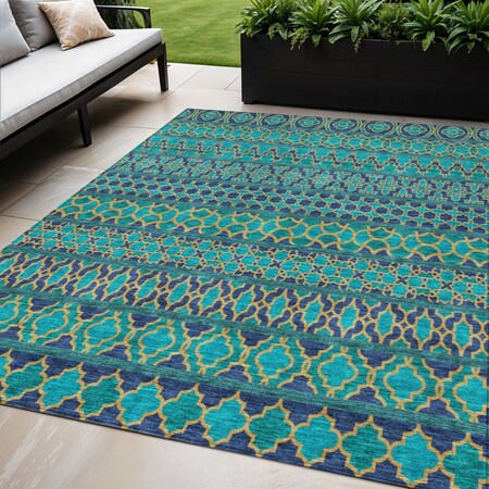 Homeroots 5' X 8' Teal Blue And Navy Blue Quatrefoil Washable Indoor Outdoor Area Rug 583253
