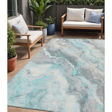 Homeroots 5' X 8' Teal Blue And Silver Abstract Washable Indoor Outdoor Area Rug 618437