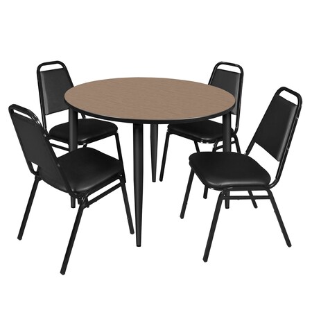 Regency Round Kahlo Breakroom Table W/ 4 Restaurant Stack Chairs, 48 in W, 48 in L, Noble Oak TPL48RNDNOBK29BK