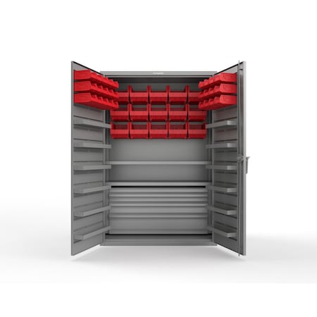 Strong Hold 14 GA Bin Cabinet with 2 Shelves, 4 Drawers - 48 In W. x 72 In. H x 24 In. D - 42 Red Bins 46-BBS-242-4DB-42R-12DP-NL-L