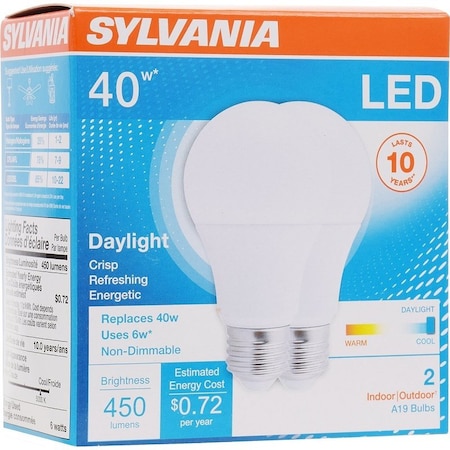 Sylvania LED Bulb, General Purpose, A19 Lamp, 40 W Equivalent, E26 Lamp Base, Frosted, Bright White Light 74081