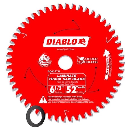 Diablo 6 1/2 in. D X 20 mm Carbide Tipped Track Saw Blade 52 teeth D0652TSL