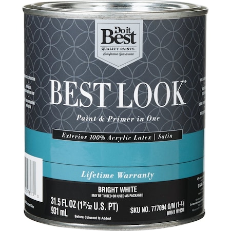 Do It Best 100% Acrylic Latex Premium Paint & Primer In One Satin Exterior House Paint Bright Wht 1 Qt. HW41W0950-14
