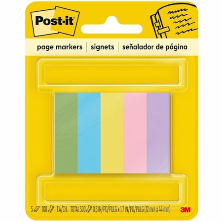 3M Post-it Page Markers, 1/2" x 2", Assorted Ultra, 100 Flags/Pad, 5 Pads/Pack 6705AU
