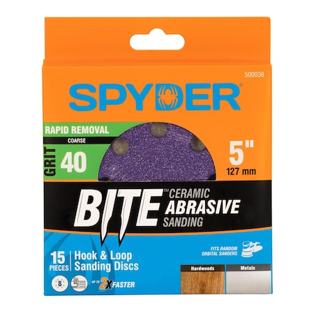 Spyder 5-Inch x 8-Hole 40 Grit Ceramic with Stearate Sanding Discs, 15PK 500038